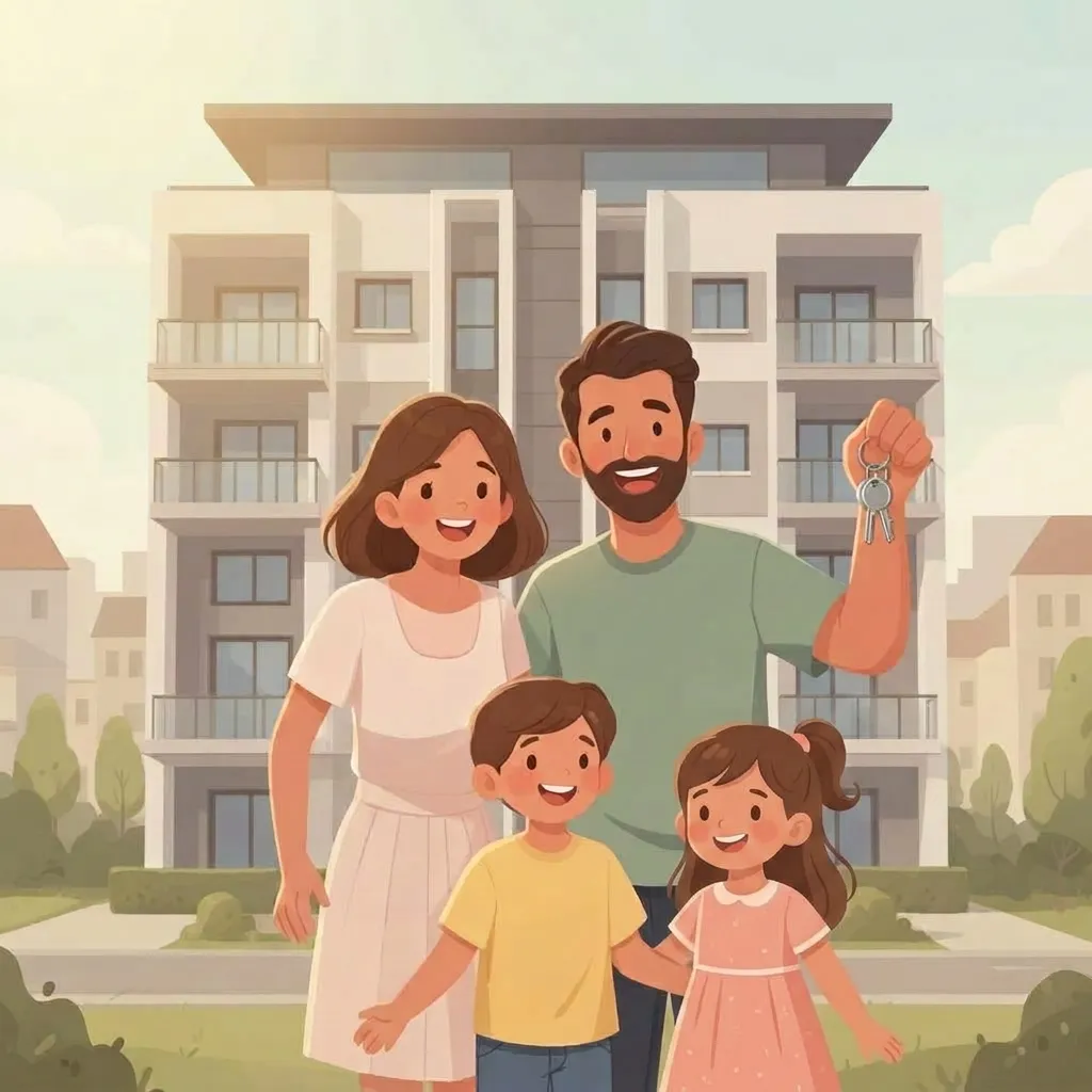 Familia joven con niños pequeños celebrando su primera casa o departamento